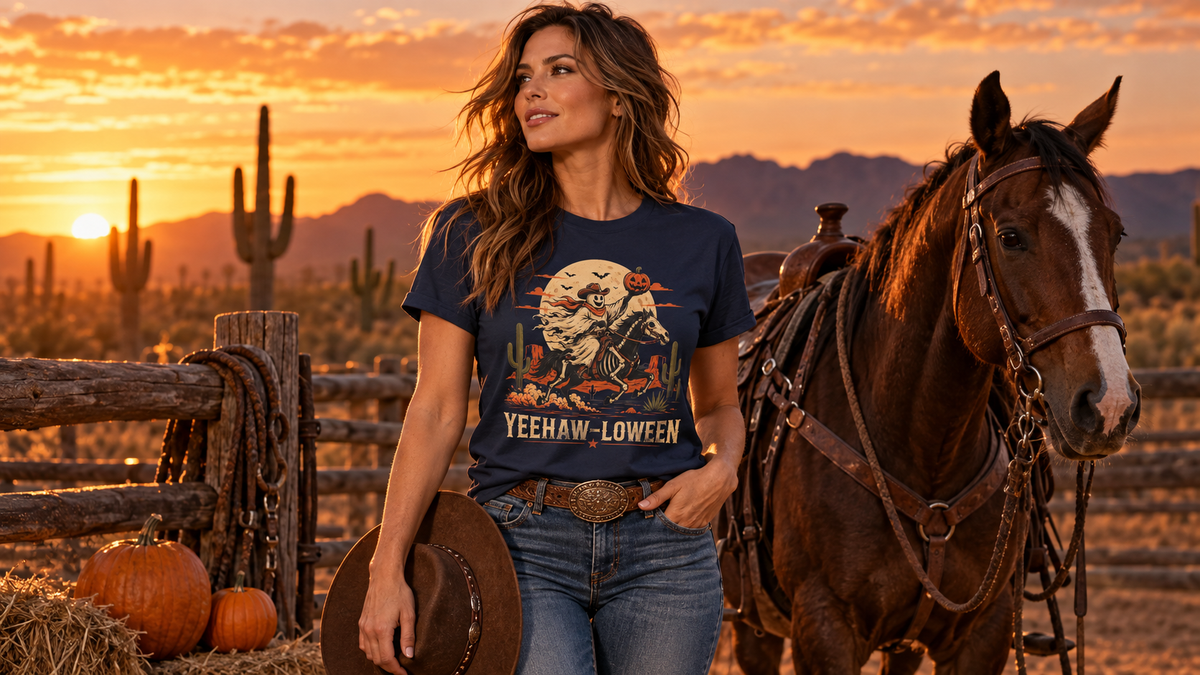 Yeehaw-loween Skeleton Rider T-Shirt western Halloween lifestyle mockup