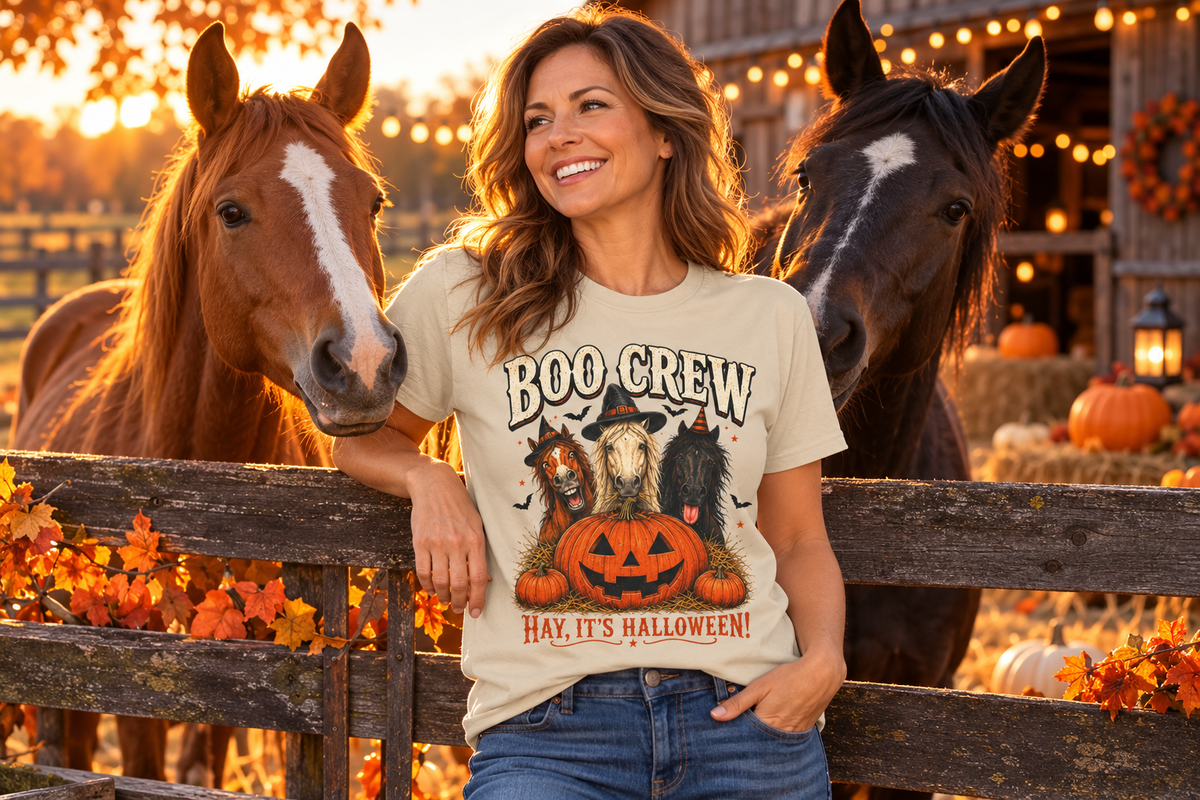 Woman wearing the Boo Crew Hay It's Halloween T-Shirt in an autumn Halloween equestrian setting