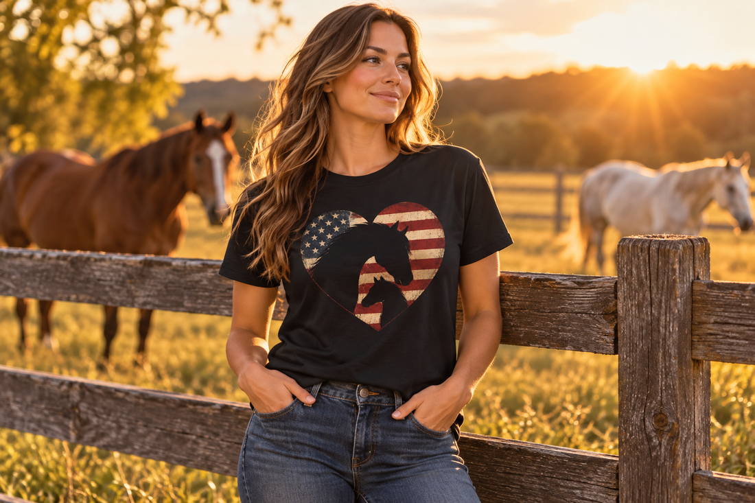 American Flag Horse Heart T-shirt lifestyle with horses at sunset