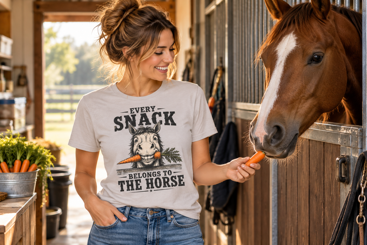 Every Snack Belongs To The Horse funny equestrian T-shirt lifestyle in a stable