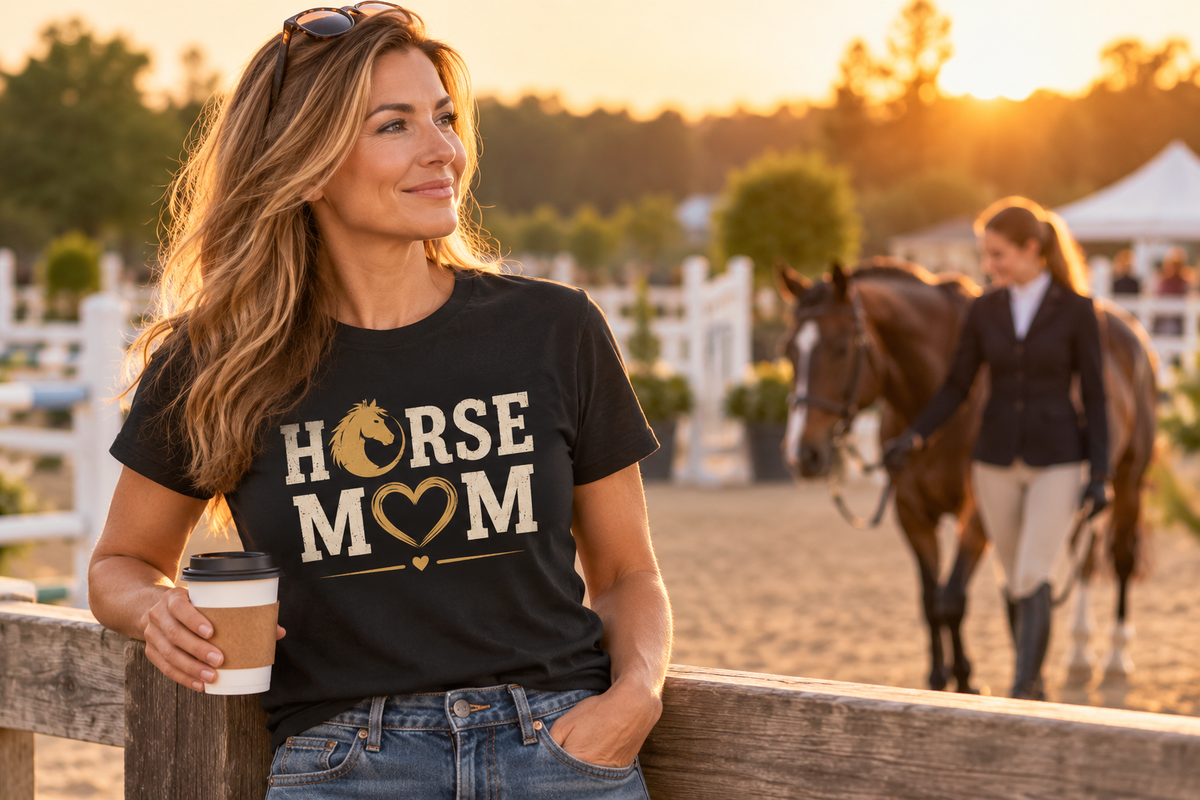 Horse Mom Vintage Heart T-shirt lifestyle at a horse show