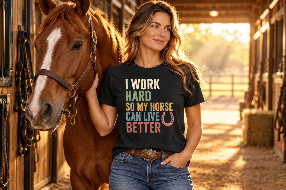 I Work Hard So My Horse Can Live Better horse lover T-shirt lifestyle at a golden-hour stable