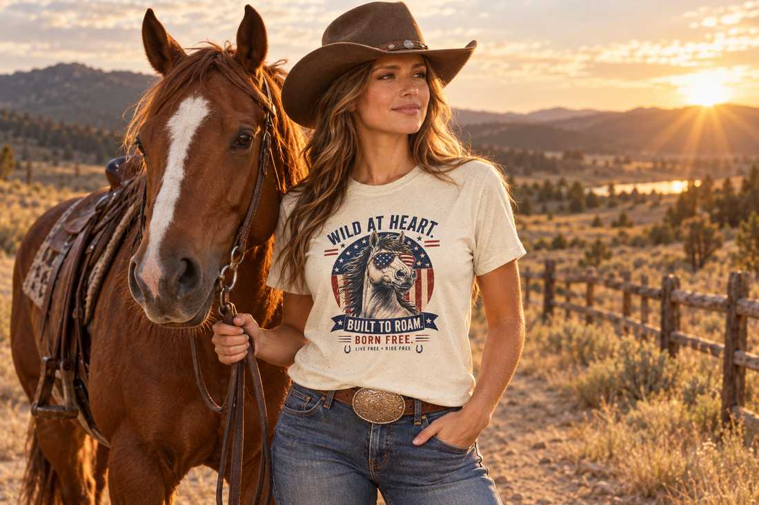 Wild at Heart Built to Roam horse lover T-shirt lifestyle at golden hour